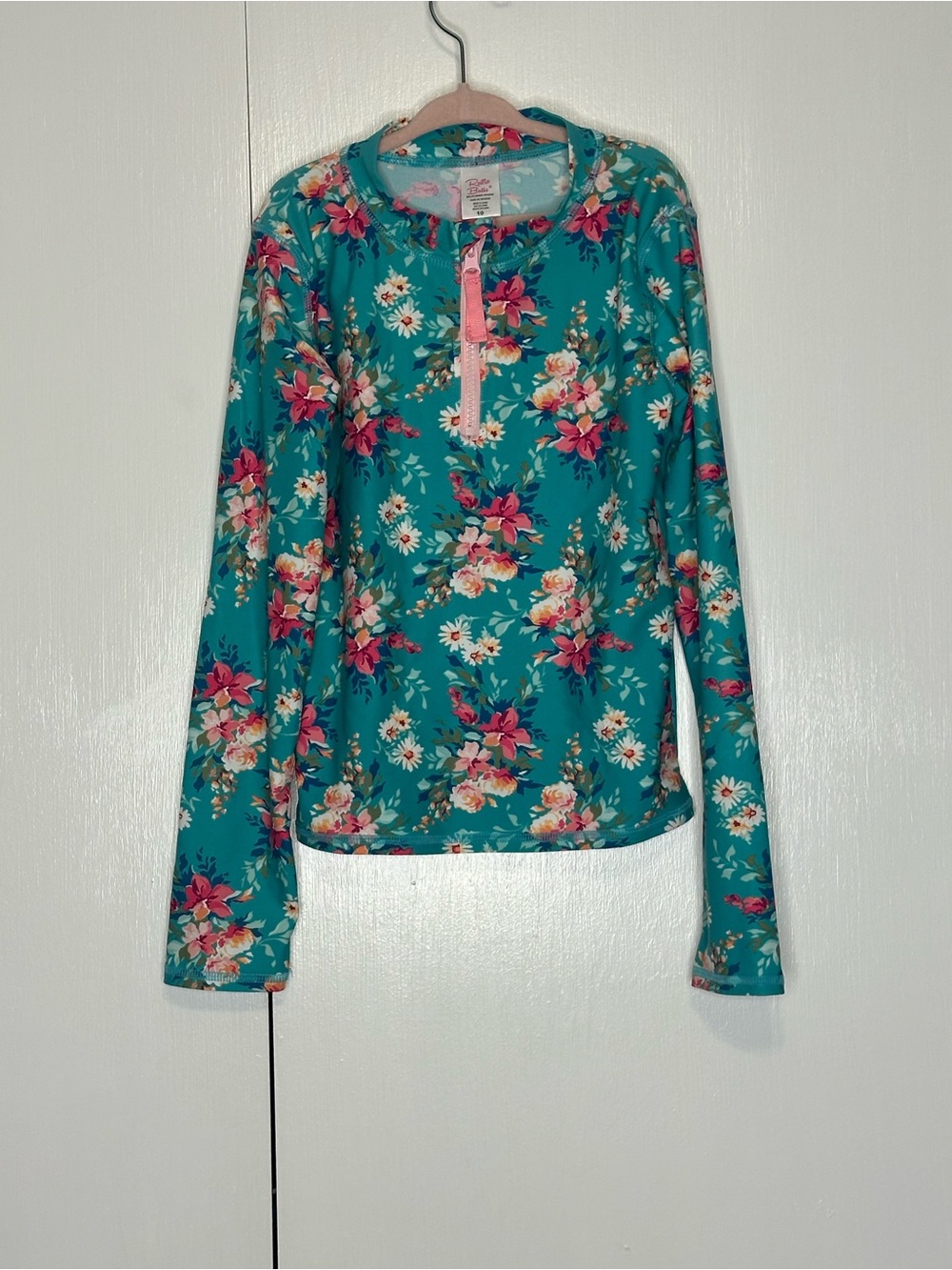 Ruffle Butts Teal Floral Rash Guard Top with Pink Accents